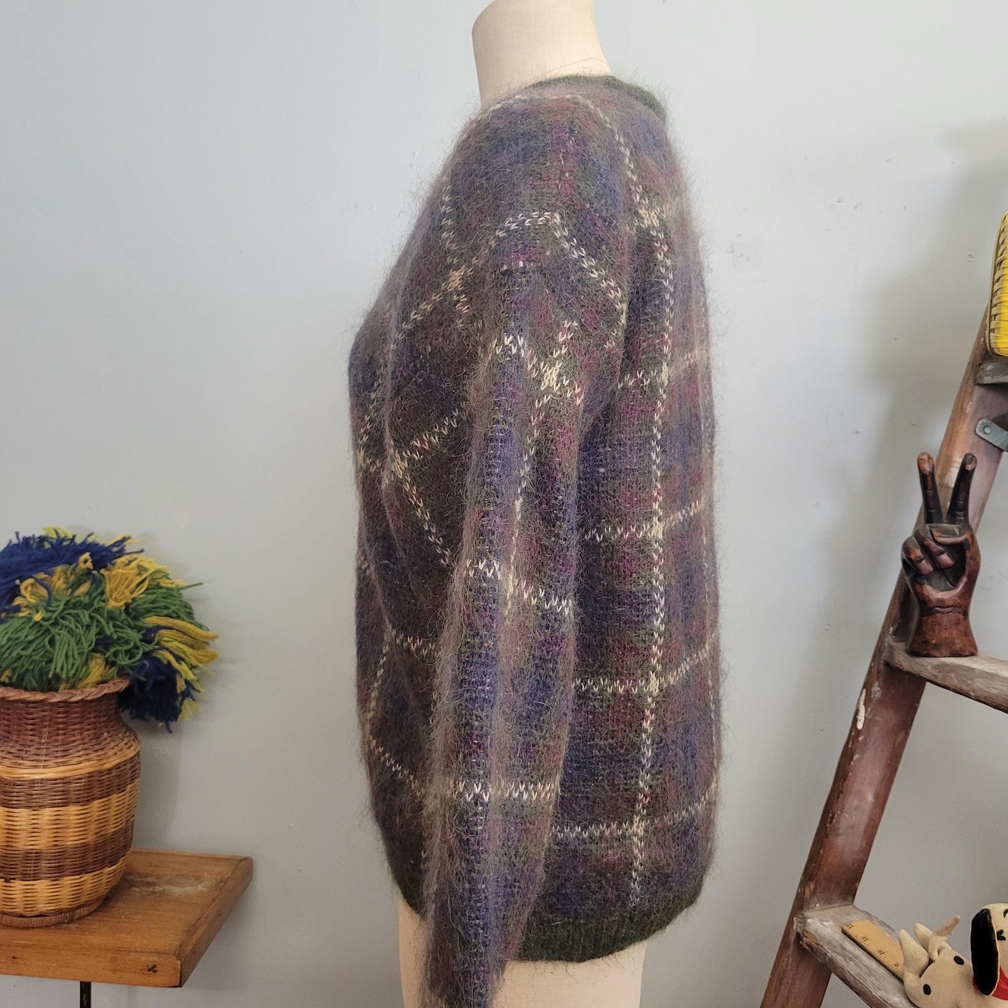 vtg 90s PLAID MOHAIR CARDIGAN // vintage  purple striped medium v neck fuzzy preppy grunge slouchy oversized boxy neutral earth tones autumn