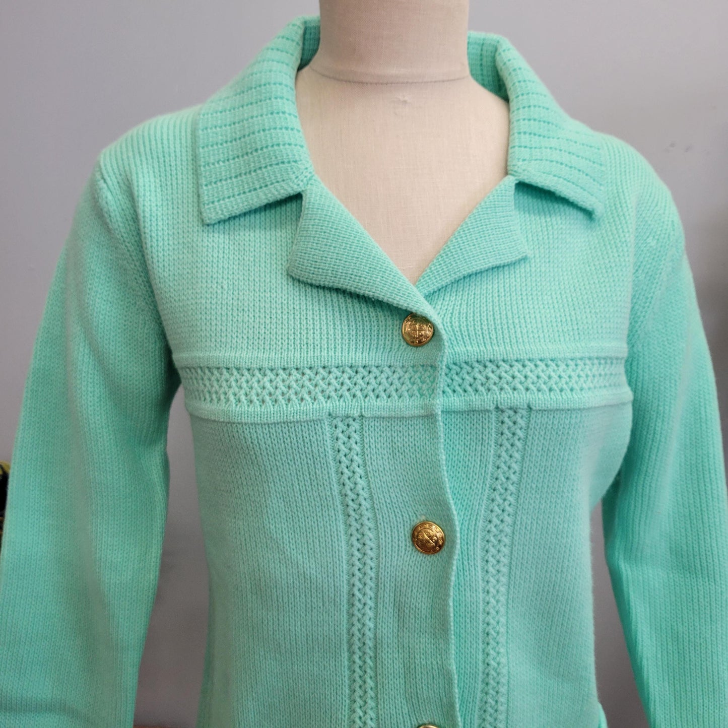 vtg 70s MONTGOMERY WARD SWEATER Jacket  // vintage medium seafoam green collared retro knit womens blazer pastel acrylic structured suit top