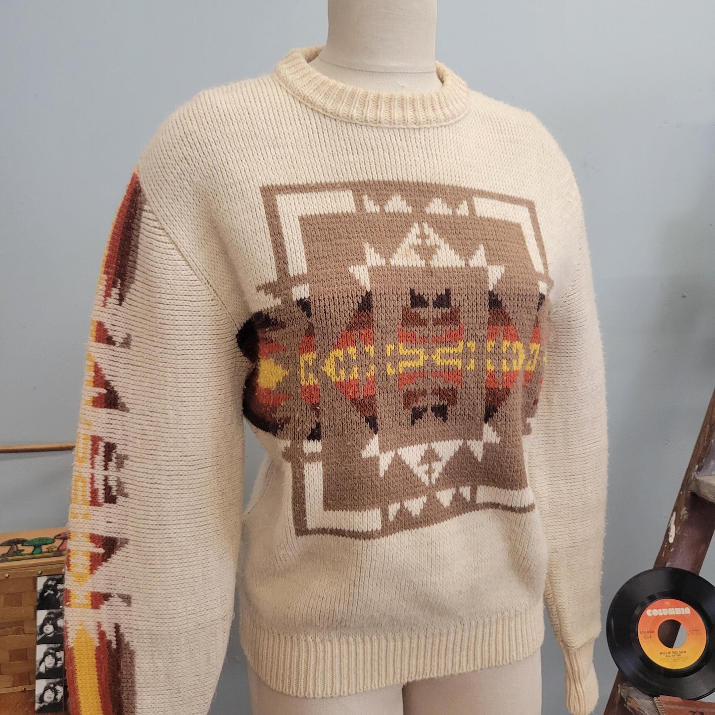 vtg 70s GEOMETRIC PATTERN SWEATER // vintage jc penney medium warm tones autumn vibes intarsia knit southwestern print aztec fall cottage