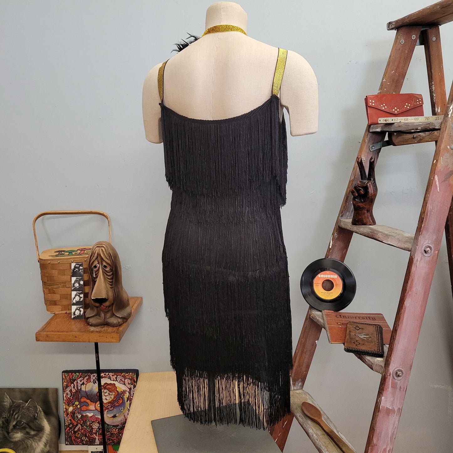 vtg y2k 1920s FLAPPER COSTUME // vintage rorox small halloween black fringe art deco Charleston gatsby dancer headpiece roaring 20s costume