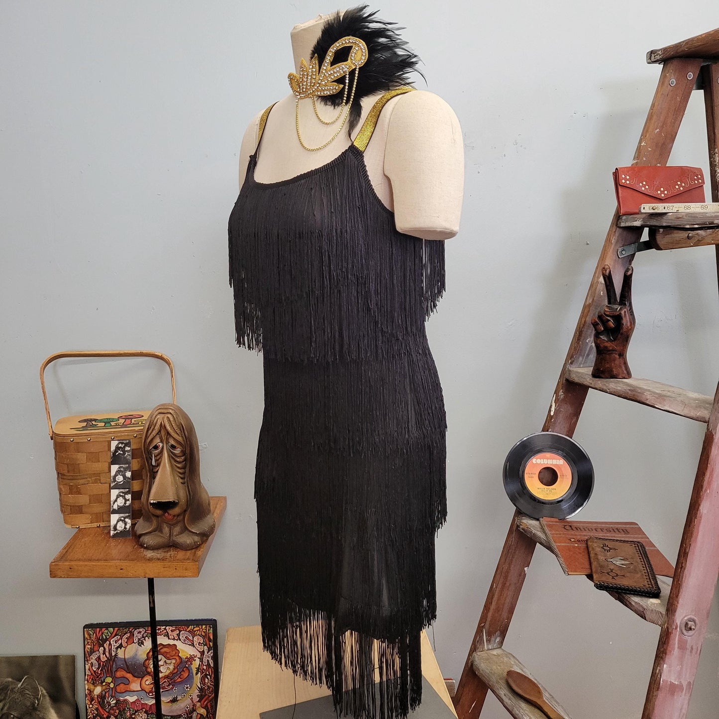 vtg y2k 1920s FLAPPER COSTUME // vintage rorox small halloween black fringe art deco Charleston gatsby dancer headpiece roaring 20s costume