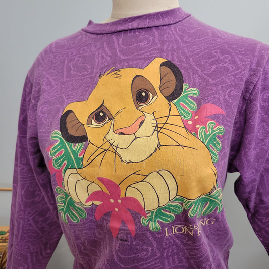 vtg 90s LION KING SWEATSHIRT // vintage disney youth xl simba chillin purple unisex small autumn fashion cute africa pattern all over print