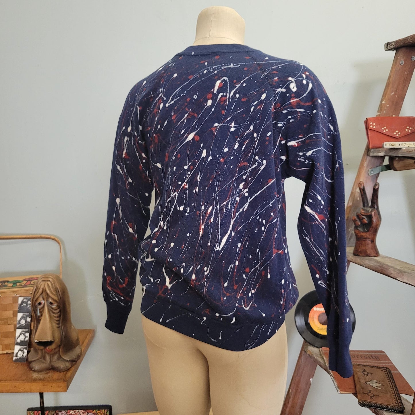 vtg 80s PAINT SPLATTER SWEATSHIRT // vintage ultra fleece tultex xl soft puff paint distressed abstract pattern navy blue autumn cozy top