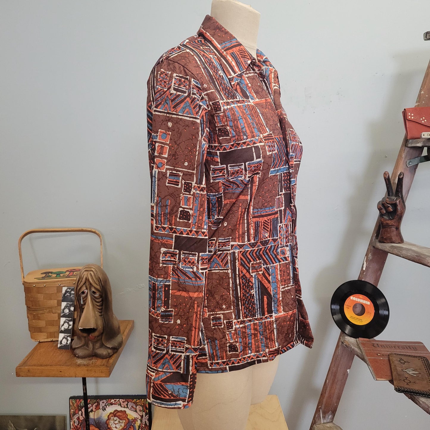 vtg 70s PATTERNED SILKY BLOUSE // vintage button down kmart medium mens abstract psychedelic pointy collar retro hippie disco mod autumn top