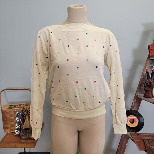 vtg 70s POLKA DOT SWEATSHIRT / vintage embroidered crewneck loomtogs tennis whites medium 3d textured rainbow multicolored pastel autumn top