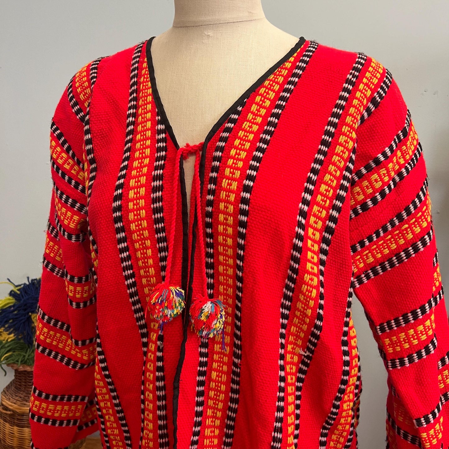 vtg 70s RED FRINGE SWEATER // vintage knit large tassel jacket retro hippie boho bohemian striped yogi guru artist style festive autumn vibe