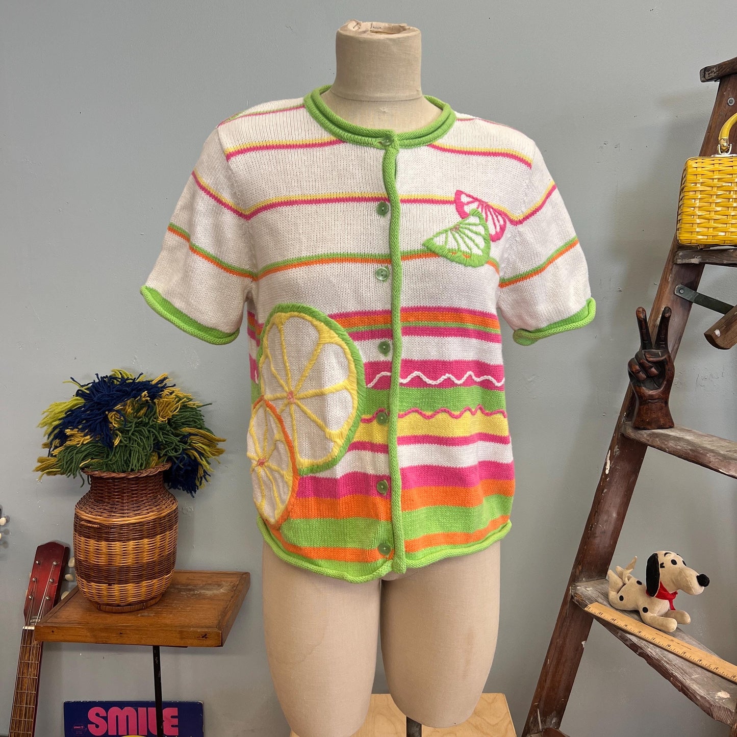 vtg 90s FRUIT SWEATER TOP // vintage Breckenridge petite small striped neon pop art lime & lemons short sleeve button up cardigan retro cute