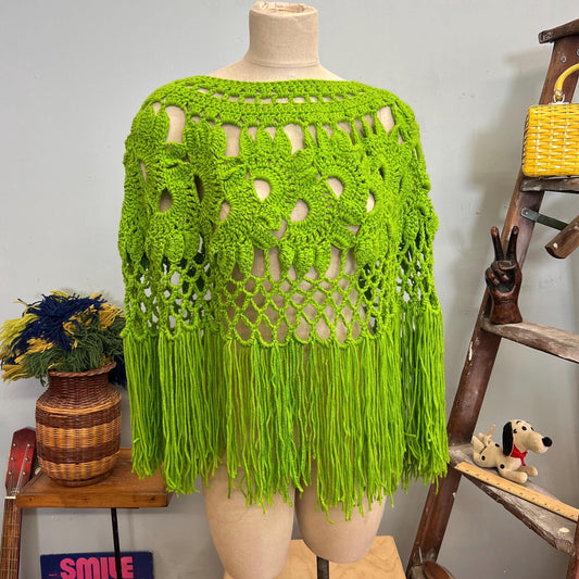 vtg 70s CROCHET FRINGE PONCHO // vintage neon chartreuse green long tassel colorful shawl autumn winter scarf cover up funky  hippie style