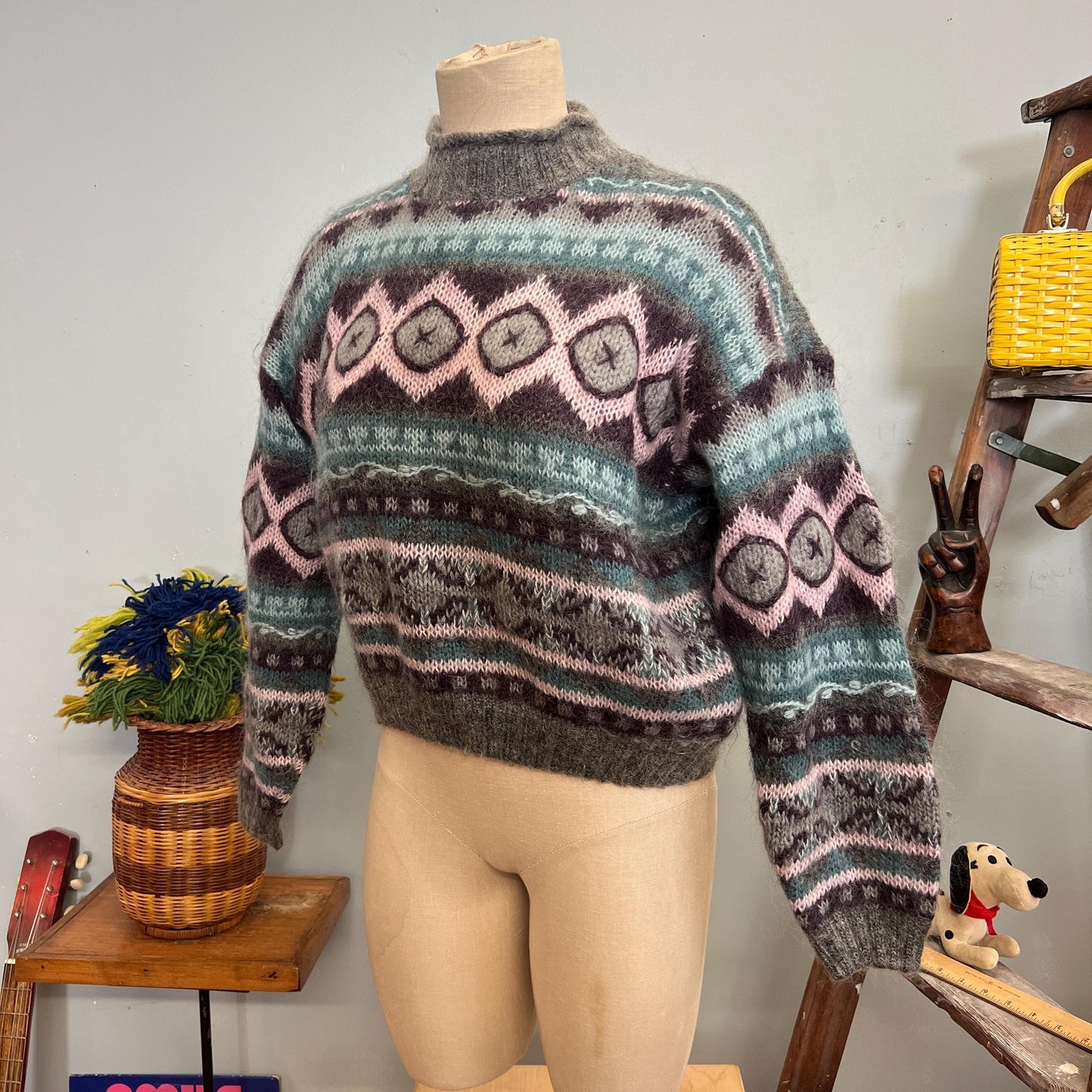 vtg 90s PATTERNED MOHAIR SWEATER // vintage Christopher & banks large geometric shaggy boxy knitwear striped pastel neutral tones preppy