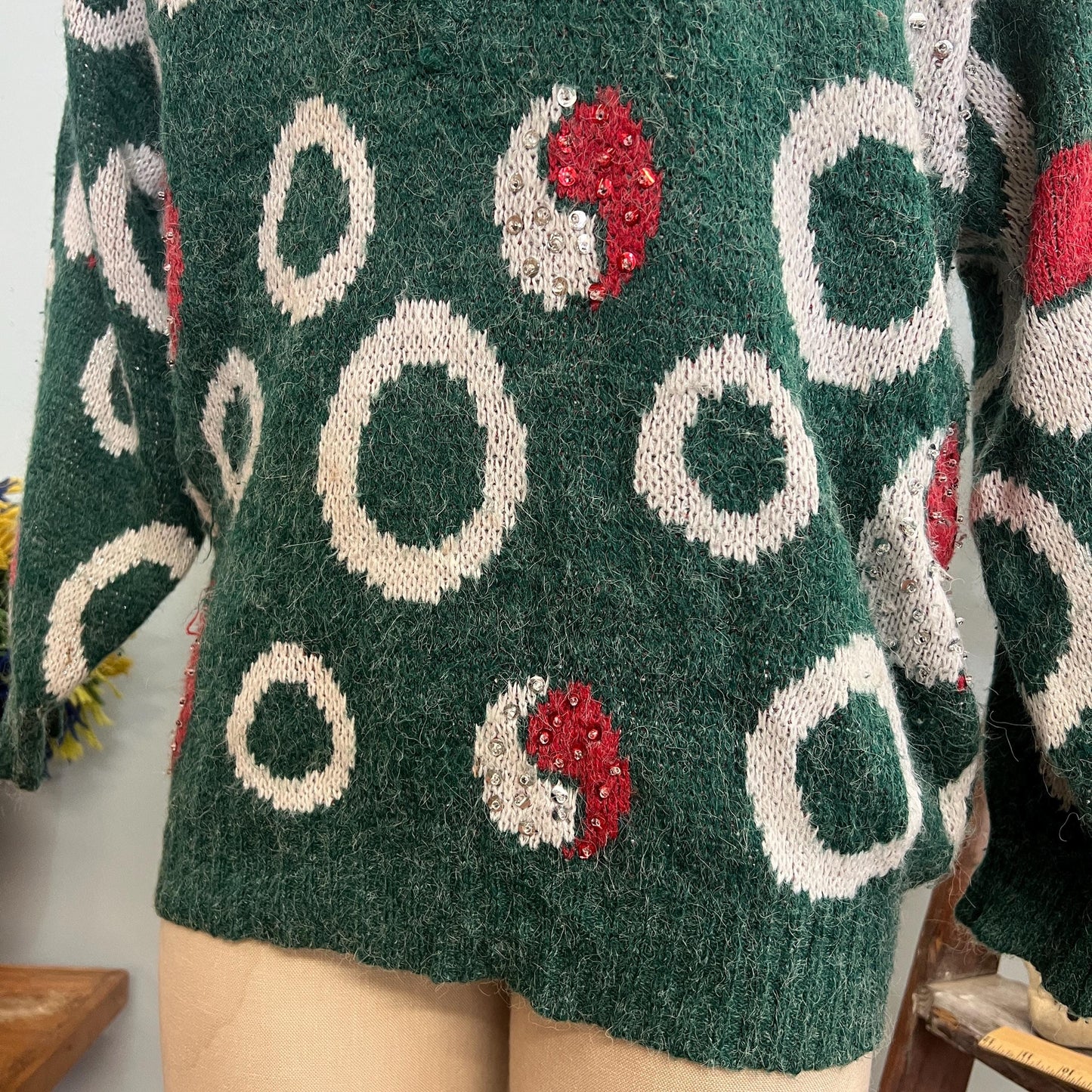 vtg 50s SEQUIN SWEATER // vintage Jupiter medium double sweater collared v neck attached under shirt yin yang sequin patterned atomic print