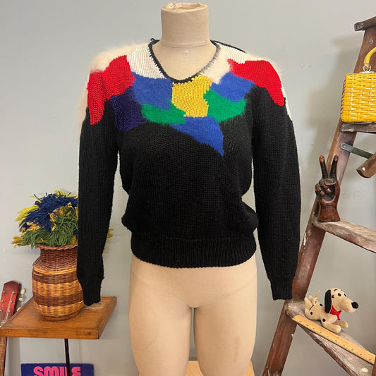 vtg 80s PATCHWORK FUR SWEATER // Lauren Cole petites medium angora abstract pattern rayon primary colors paint ribbed v neck funky iconic