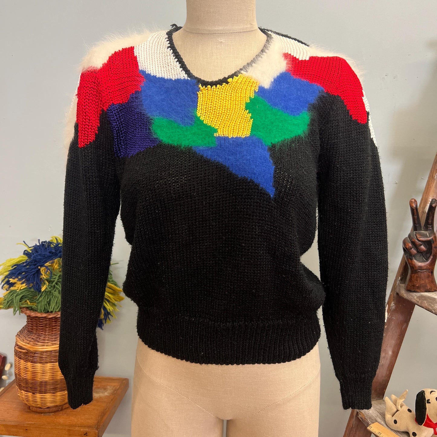 vtg 80s PATCHWORK FUR SWEATER // Lauren Cole petites medium angora abstract pattern rayon primary colors paint ribbed v neck funky iconic