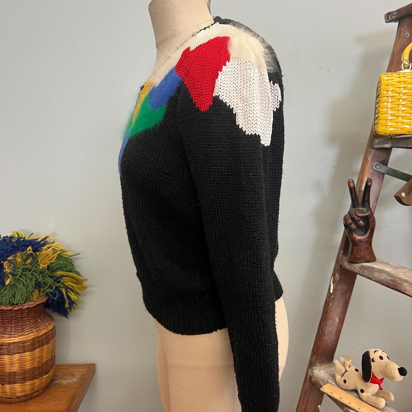 vtg 80s PATCHWORK FUR SWEATER // Lauren Cole petites medium angora abstract pattern rayon primary colors paint ribbed v neck funky iconic