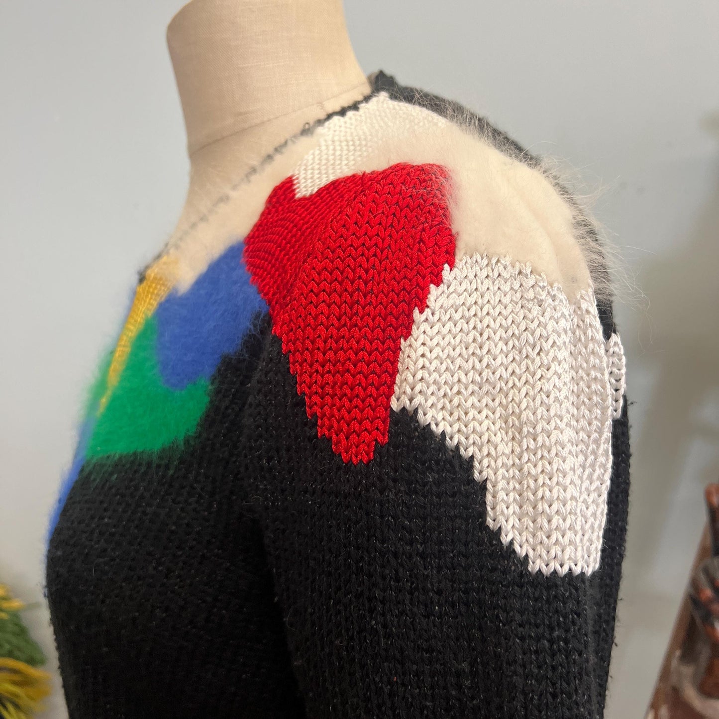 vtg 80s PATCHWORK FUR SWEATER // Lauren Cole petites medium angora abstract pattern rayon primary colors paint ribbed v neck funky iconic