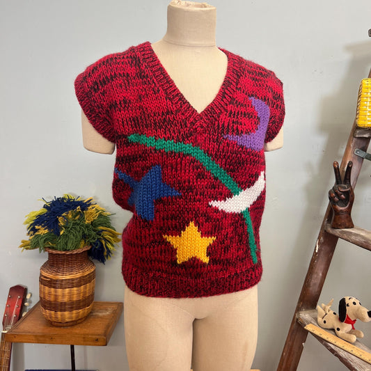 vtg 80s STAR SWEATER VEST // vintage cherry stix size large red space dye abstract pattern celestial knit short sleeve sweater v neck crop