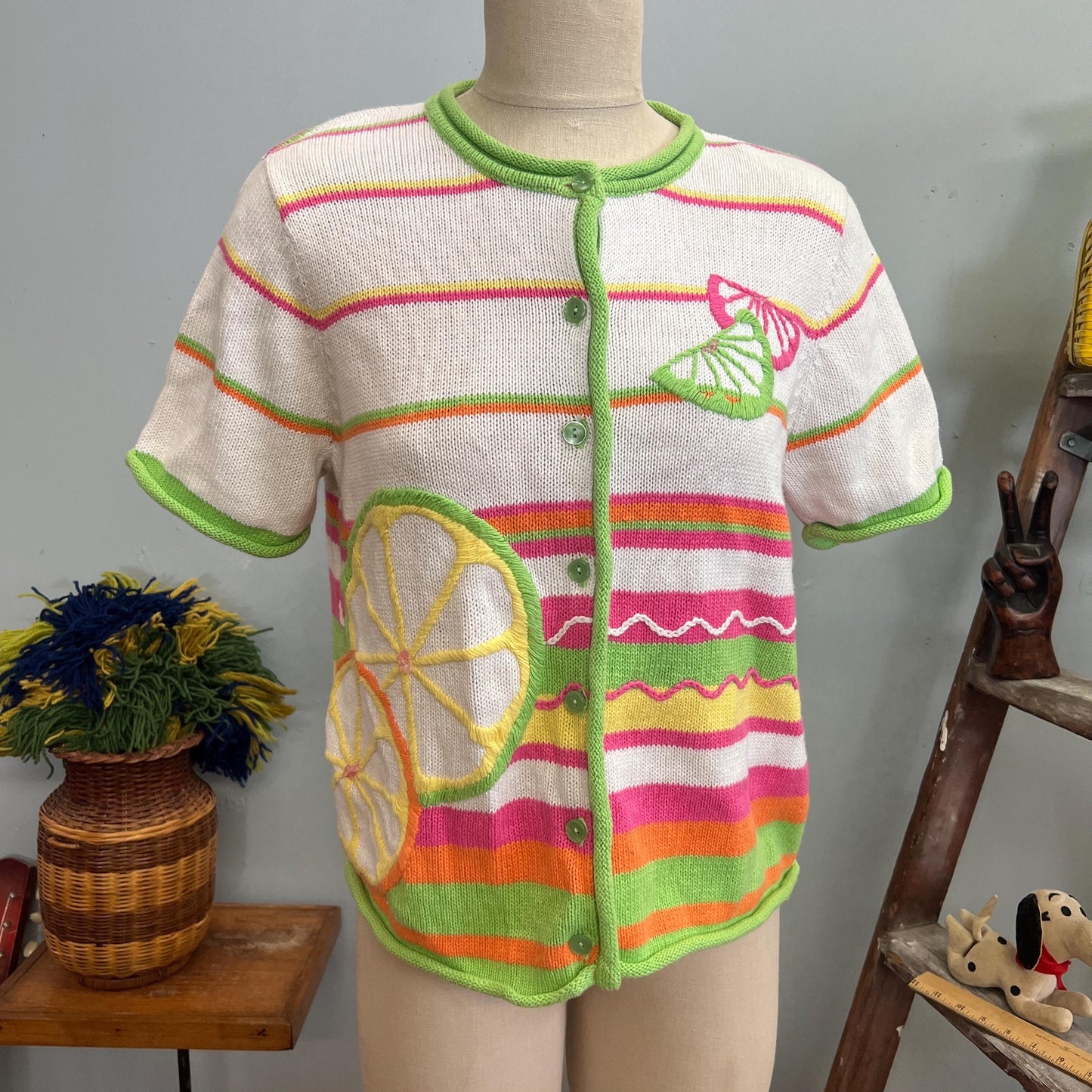 vtg 90s FRUIT SWEATER TOP // vintage Breckenridge petite small striped neon pop art lime & lemons short sleeve button up cardigan retro cute