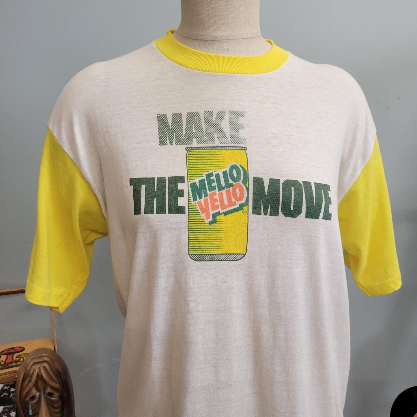 vtg 80s MELLO YELLO TSHIRT // vintage paper thin ringer signal xl Mountain Dew pepsi retro throwback soda pop
