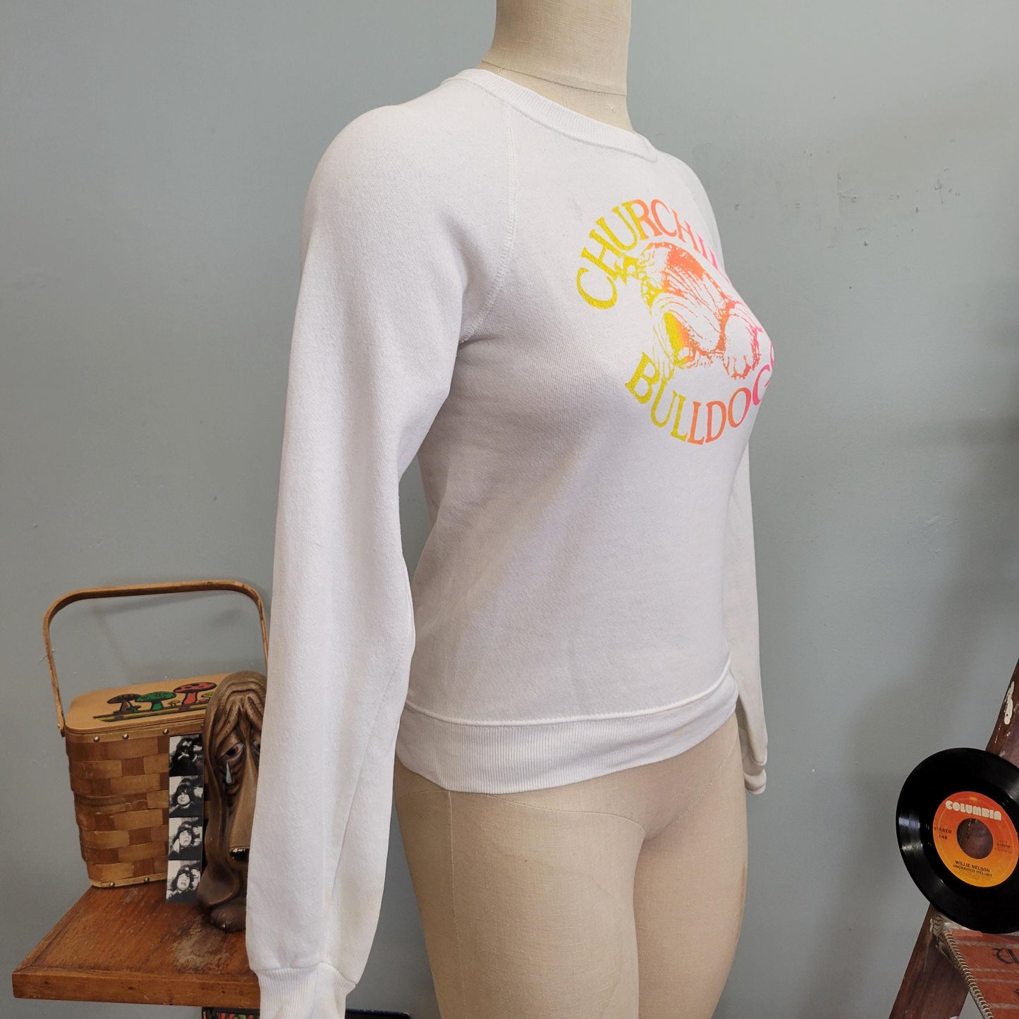 vtg 80s CHURCHILL BULLDOGS CREWNECK // vintage lee sweatshirt youth large cropped fitted cute bulldog graphic tee bright ombre casual autumn
