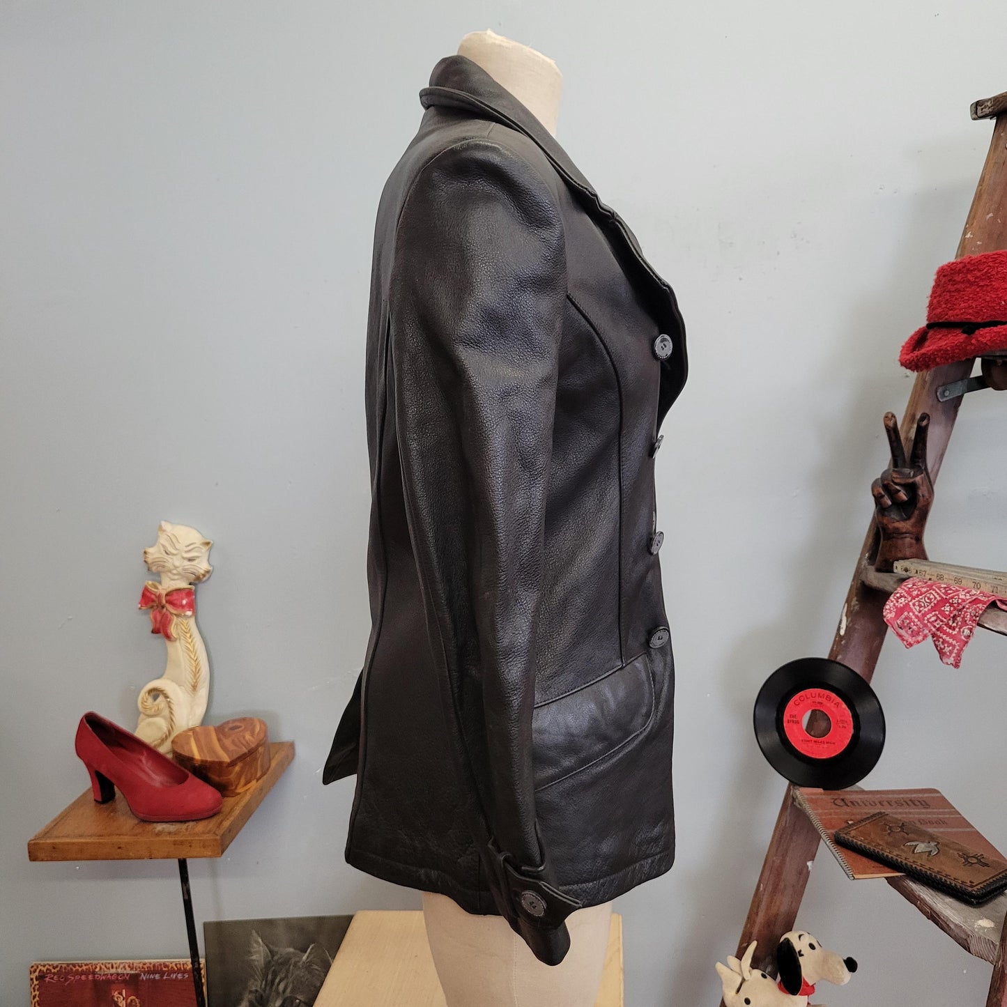 vtg 90s BLACK LEATHER JACKET // vintage wilsons medium womens sleek double breasted pointy collar classic autumn slicker minimalist style