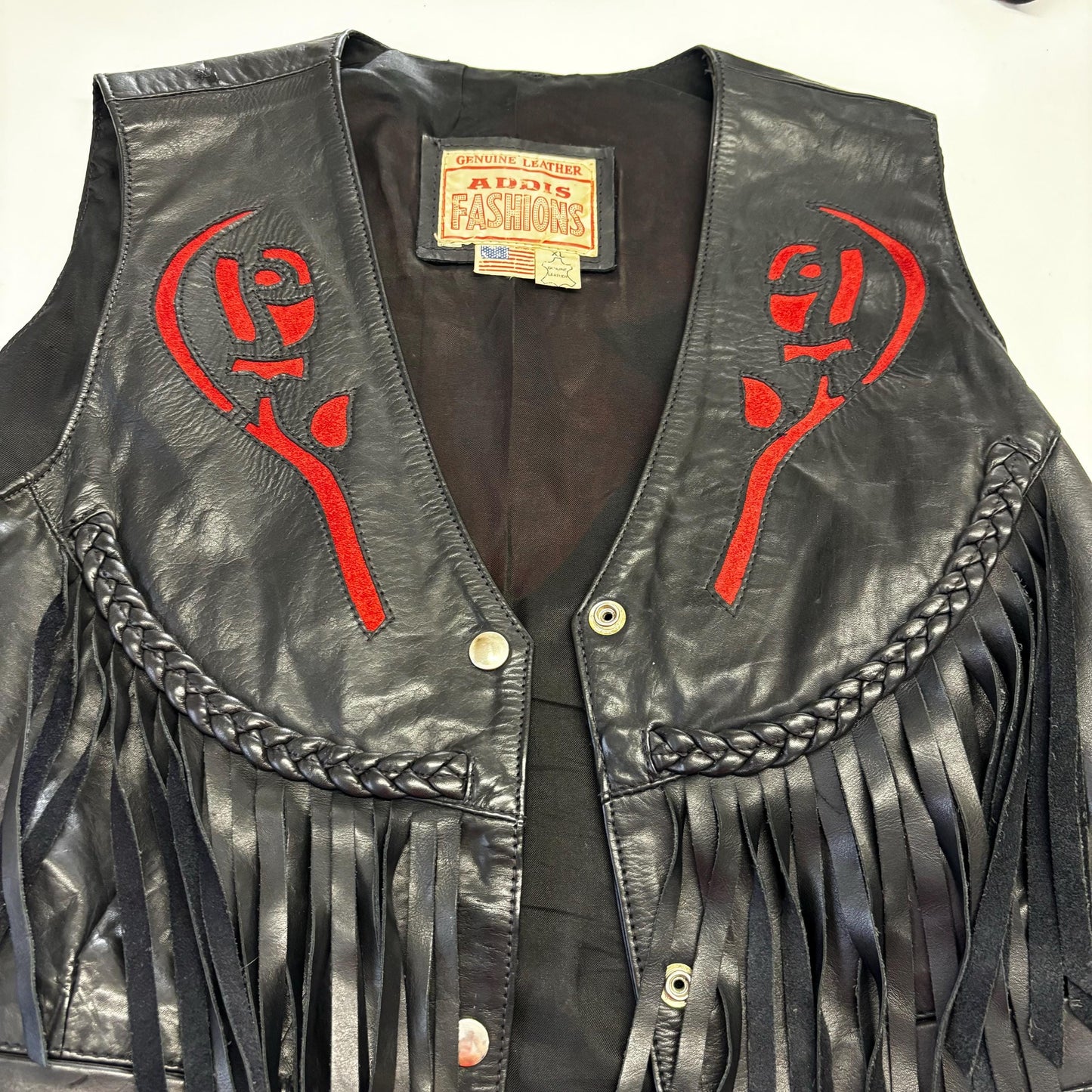vtg 80s BLACK RED FRINGE Vest / vintage addis fashions xl womens metal conch tassel biker western hippie cowgirl gothic v neck roses pattern