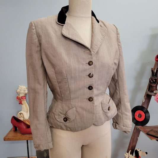 vtg 40s WOOL PEPLUM BLAZER // vintage small kolmer petites womens gabardine button up velvet collar dress top art deco wasp waist 1930s top