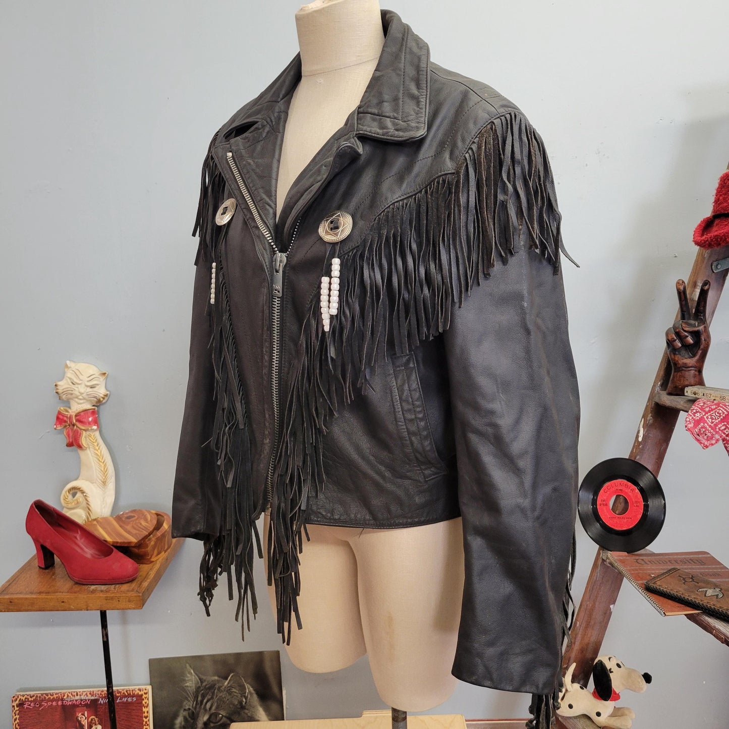 vtg 70s LEATHER FRINGE JACKET // vintage bermans leather experts size 14 metal conch and tassel western biker cowboy style beaded cropped