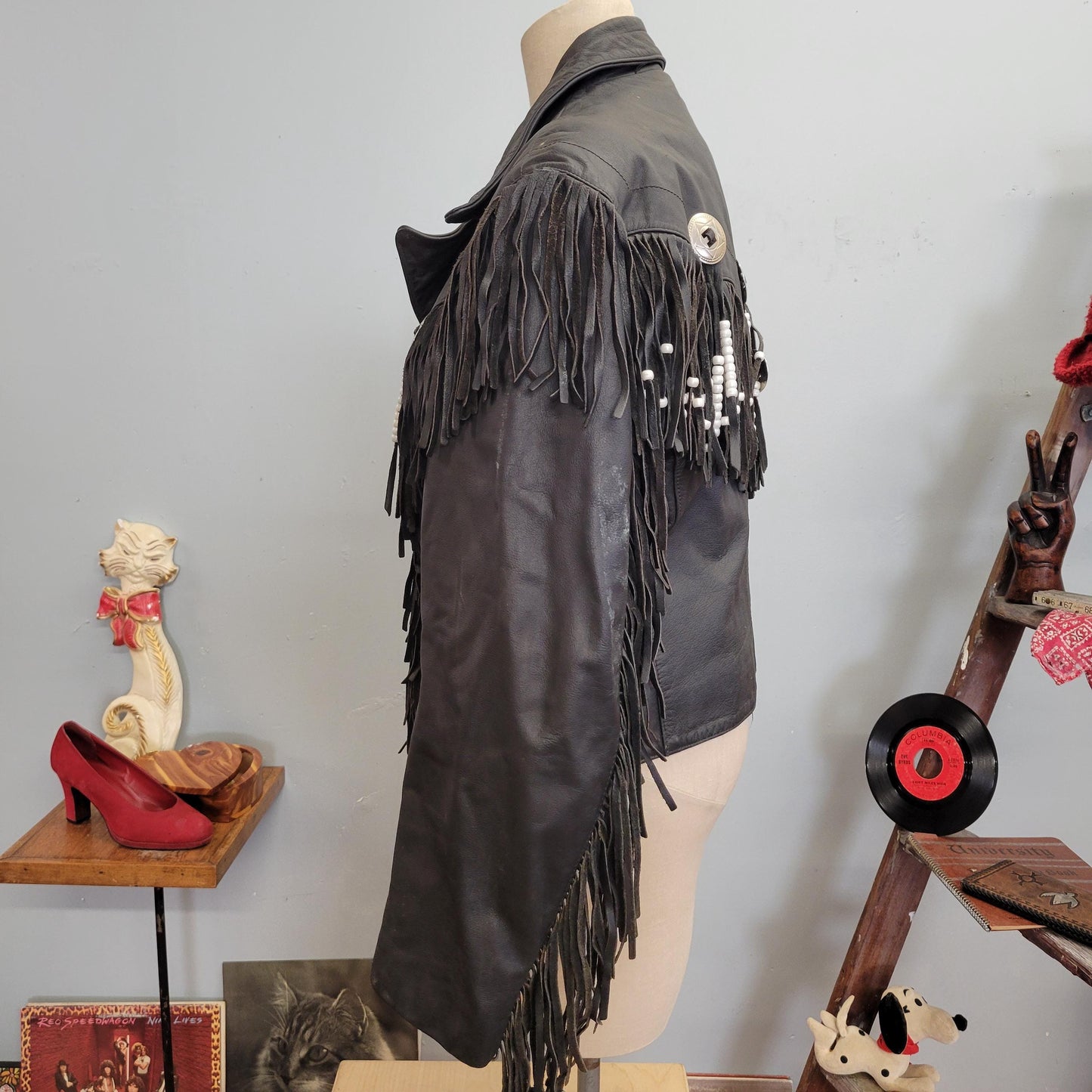 vtg 70s LEATHER FRINGE JACKET // vintage bermans leather experts size 14 metal conch and tassel western biker cowboy style beaded cropped