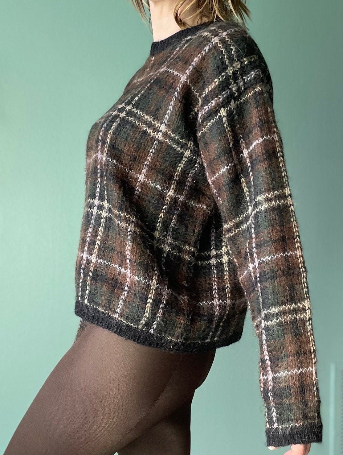 vtg 80s PLAID MOHAIR SWEATER // vintage striped paul harris design womens large neutral tones fuzzy autumn style shaggy knit boxy preppy top