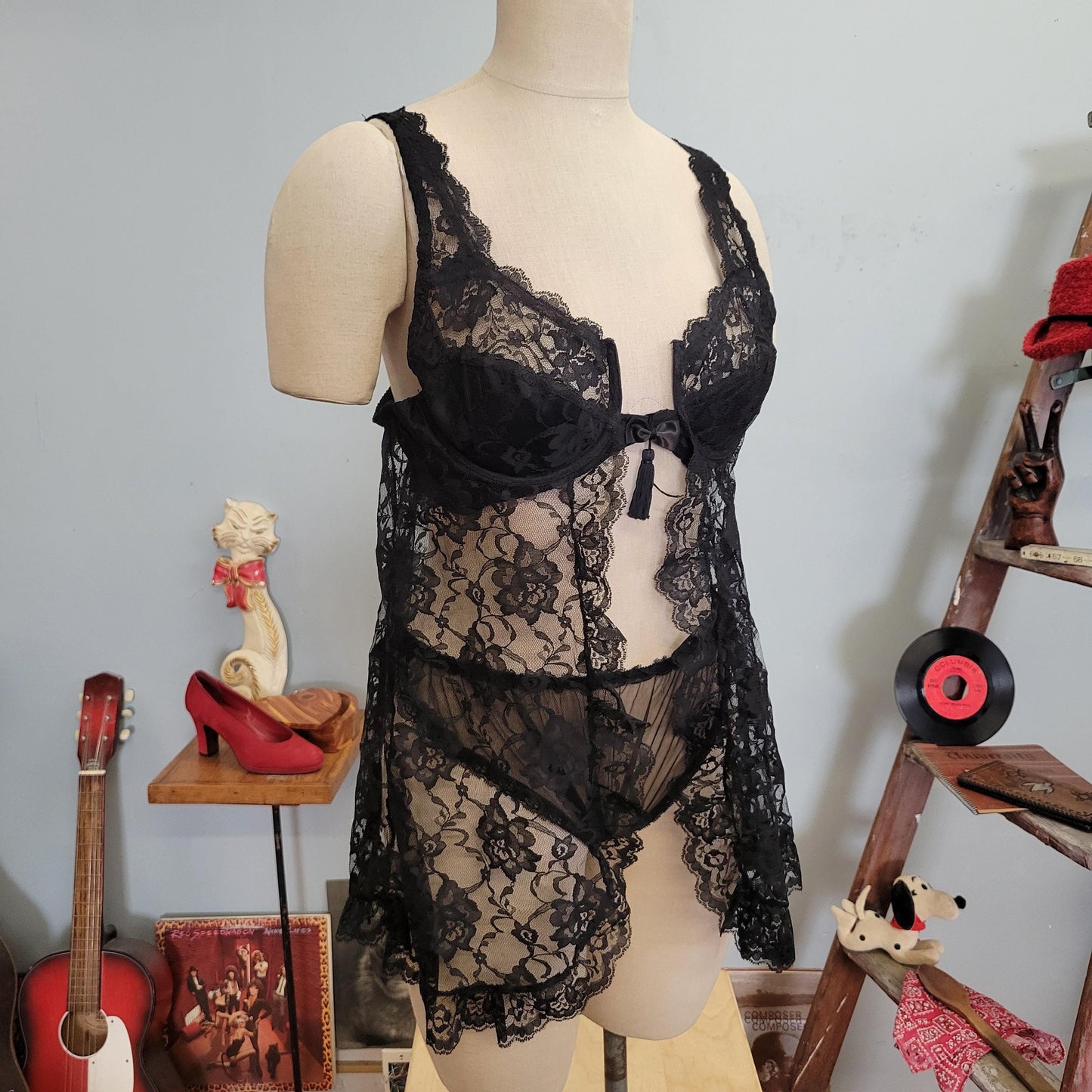 vtg 70s FREDERICKS OF HOLLYWOOD Set // vintage black lace 36C sexy open front sheer black nylon panties and babydoll robe nightie peignoir