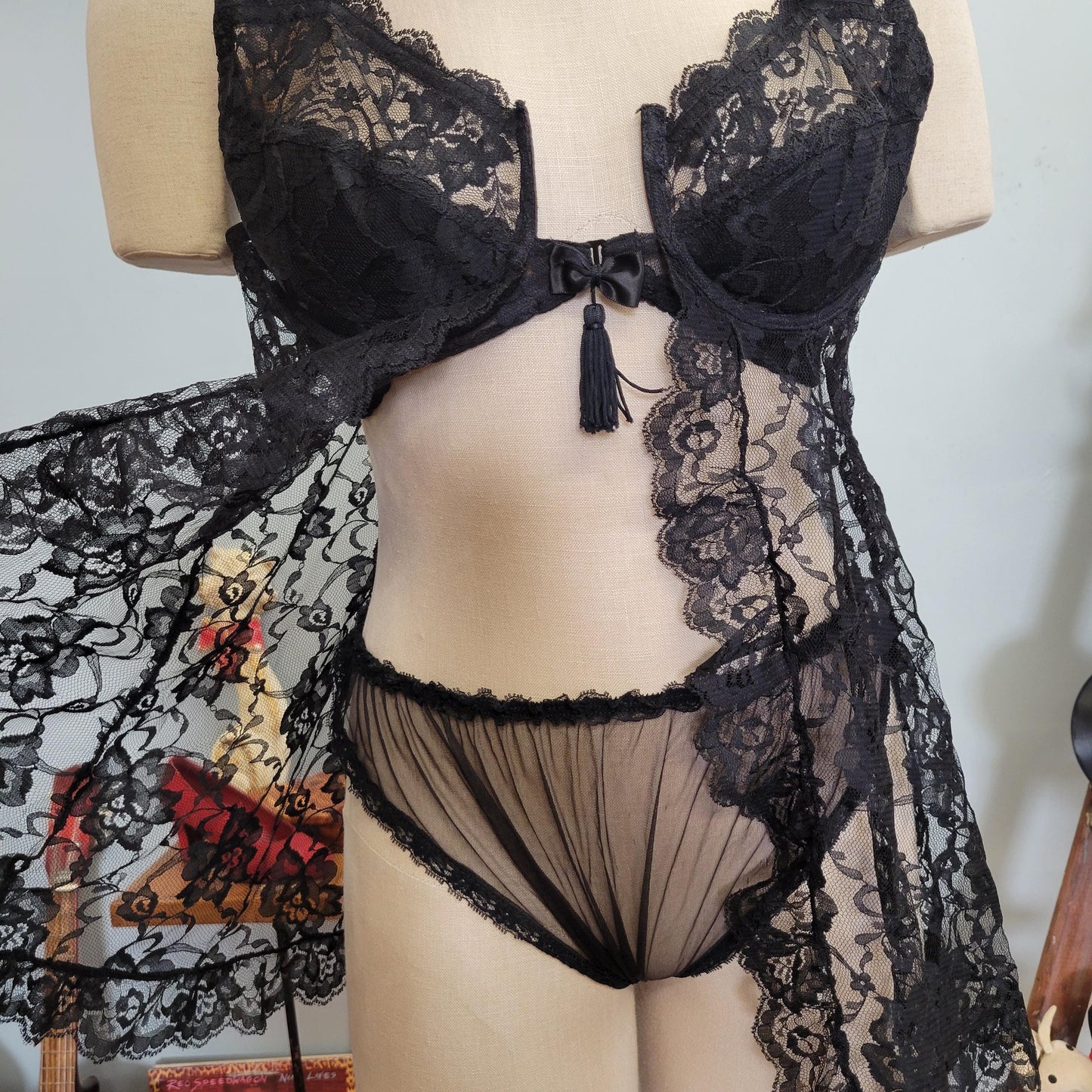 vtg 70s FREDERICKS OF HOLLYWOOD Set // vintage black lace 36C sexy open front sheer black nylon panties and babydoll robe nightie peignoir