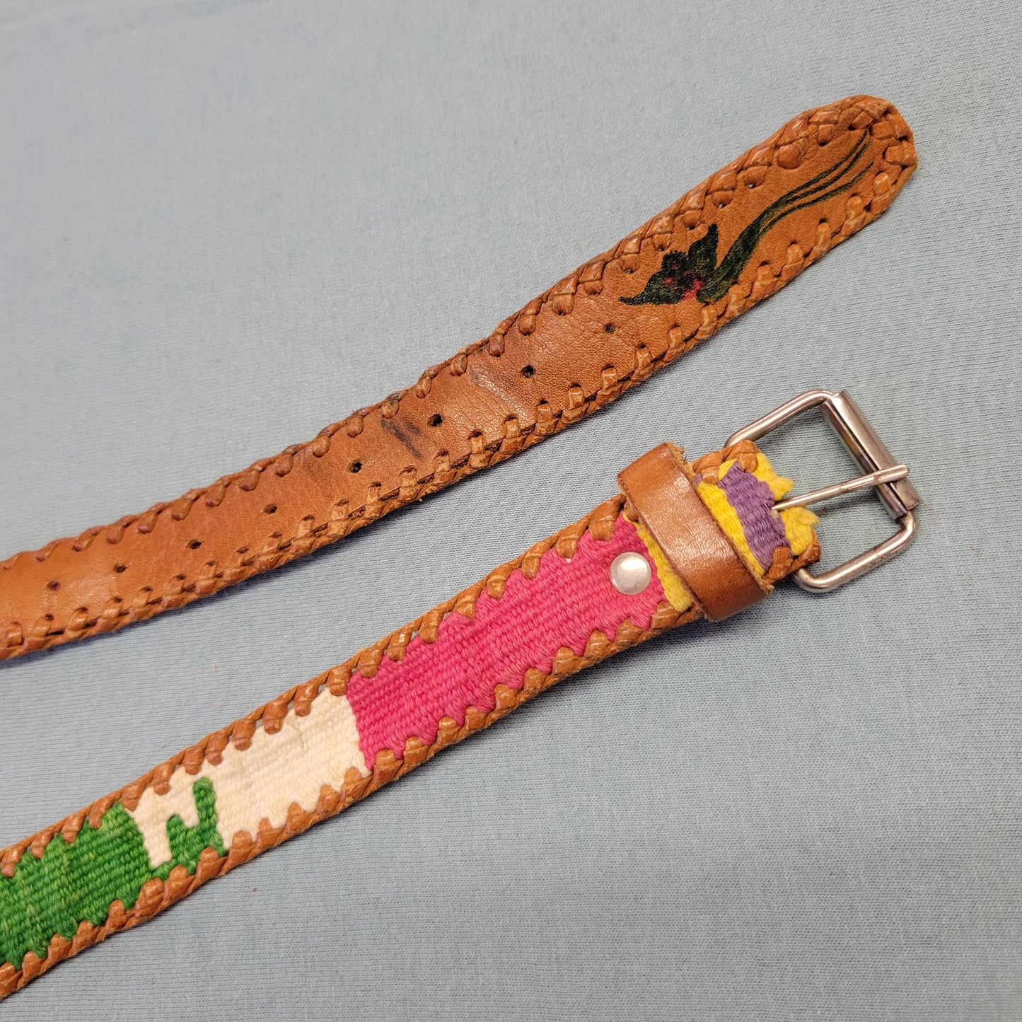 vtg 70s LEATHER EMBROIDERED BELT // vintage pastel patchwork small medium womens retro accessories hippie boho western autumn style cottage
