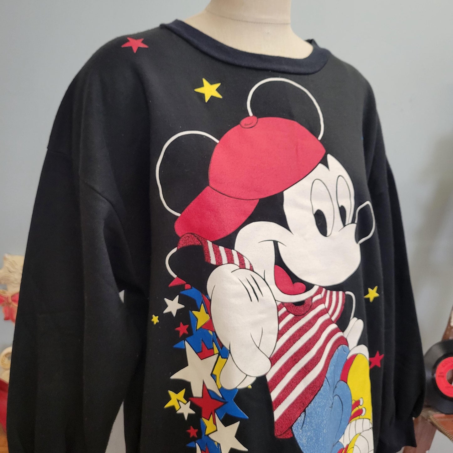vtg 90s MICKEY MOUSE SWEATSHIRT // vintage disney crewneck size 2xl slouchy black crewneck backwards hat hip hop stars all over print autumn