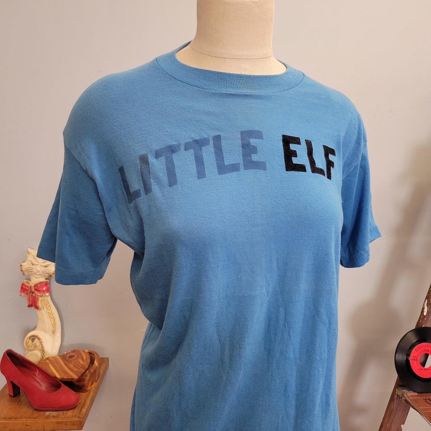 vtg 70s LITTLE ELF T-SHIRT // vintage stallion xl soft thin iron on funny kickball team player baby blue pastel flock retro single stitch