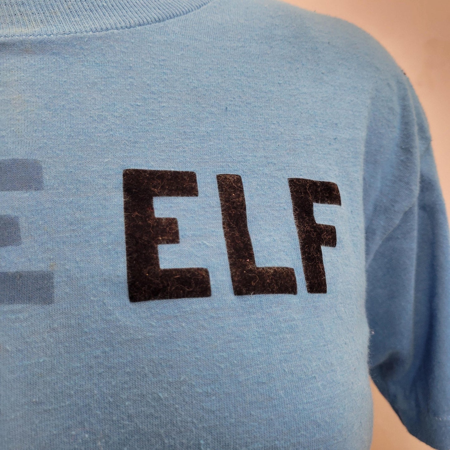 vtg 70s LITTLE ELF T-SHIRT // vintage stallion xl soft thin iron on funny kickball team player baby blue pastel flock retro single stitch