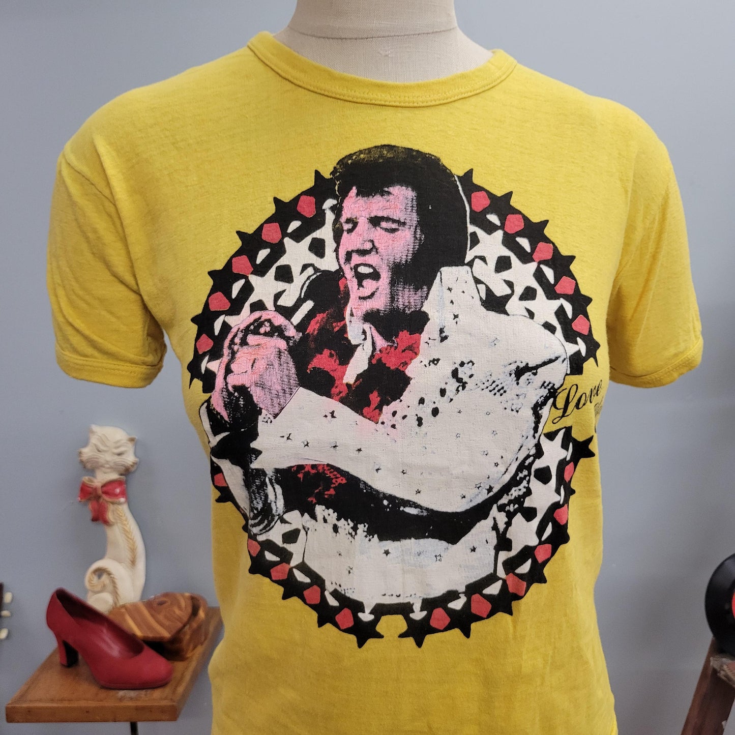 vtg 70s LOVE ELVIS T-SHIRT // vintage retro paper thin yellow tee 80s lounge singer elvis presley idol big print graphic tee retro fashion