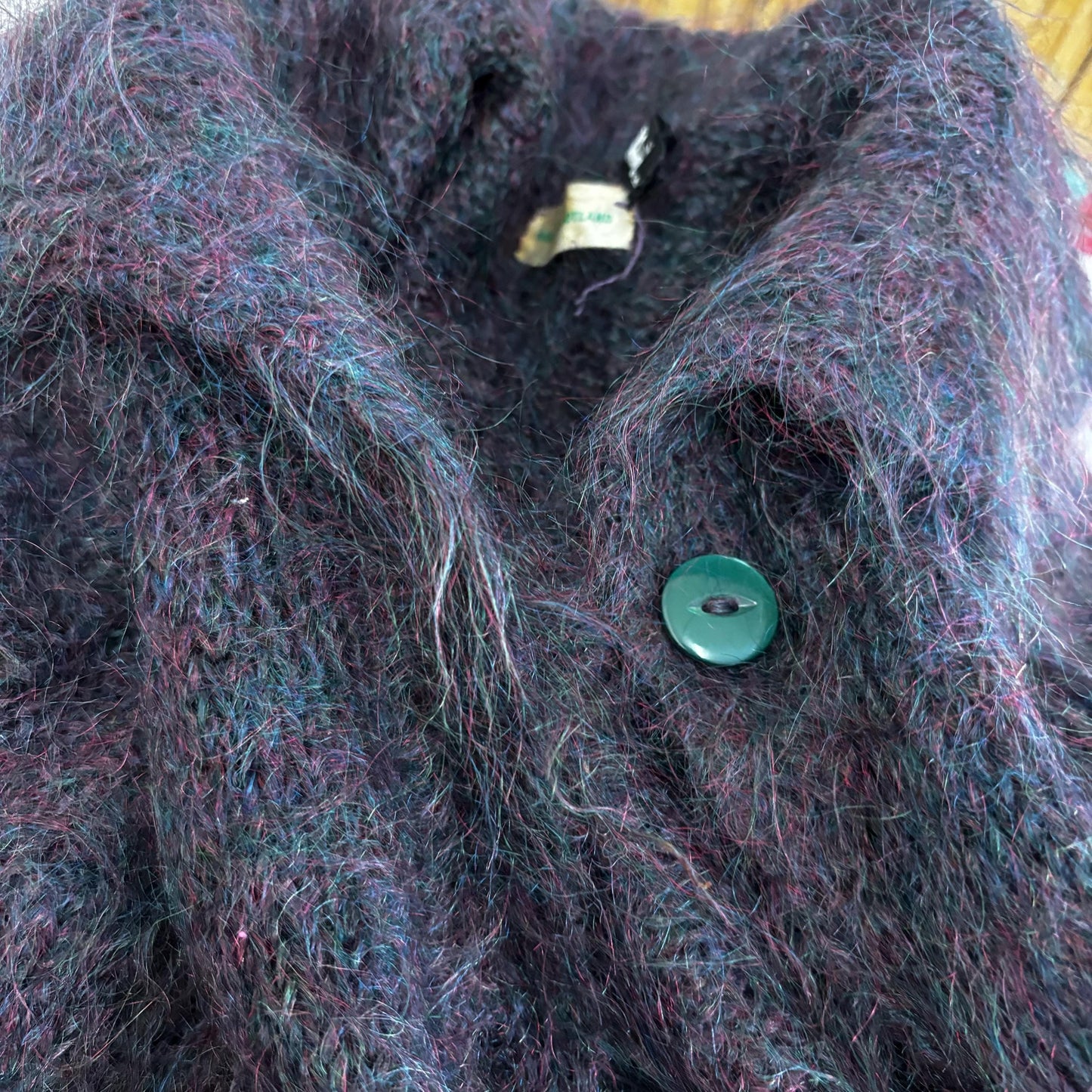 vtg 50s PURPLE SHAGGY MOHAIR Sweater // vintage scotland fuzzy wool two tone green cat eye button oversized pointy collar autumn cardigan