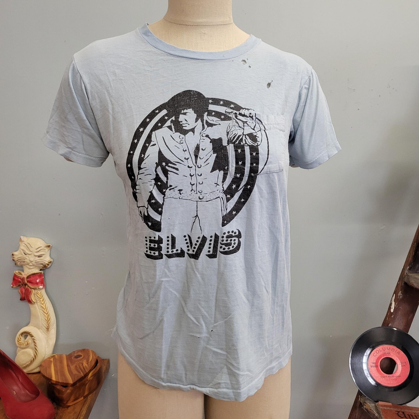 vtg 70s DISTRESSED ELVIS TSHIRT // vintage paper thin blue pocket tee medium holes faded soft worn retro rock n roll memphis graceland