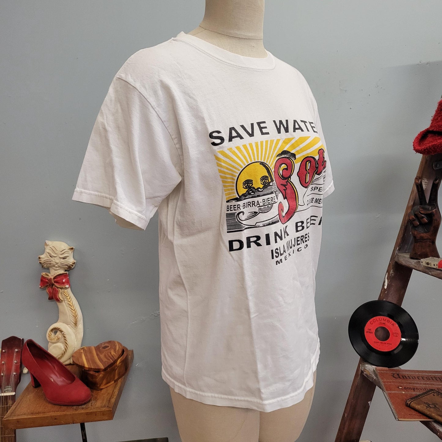 vtg 90s SAVE WATER Drink BEER Shirt  // vintage mexico yazbek medium sol beer cerveza mexican lager beer lover spring break oversized retro