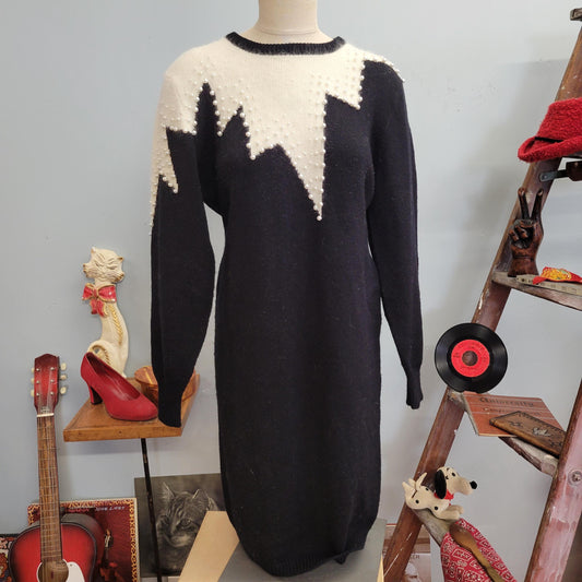 vtg 80s PEARL SWEATER DRESS / vintage christina grant large black & white angora art deco fuzzy shaggy long sweater cocktail statement dress