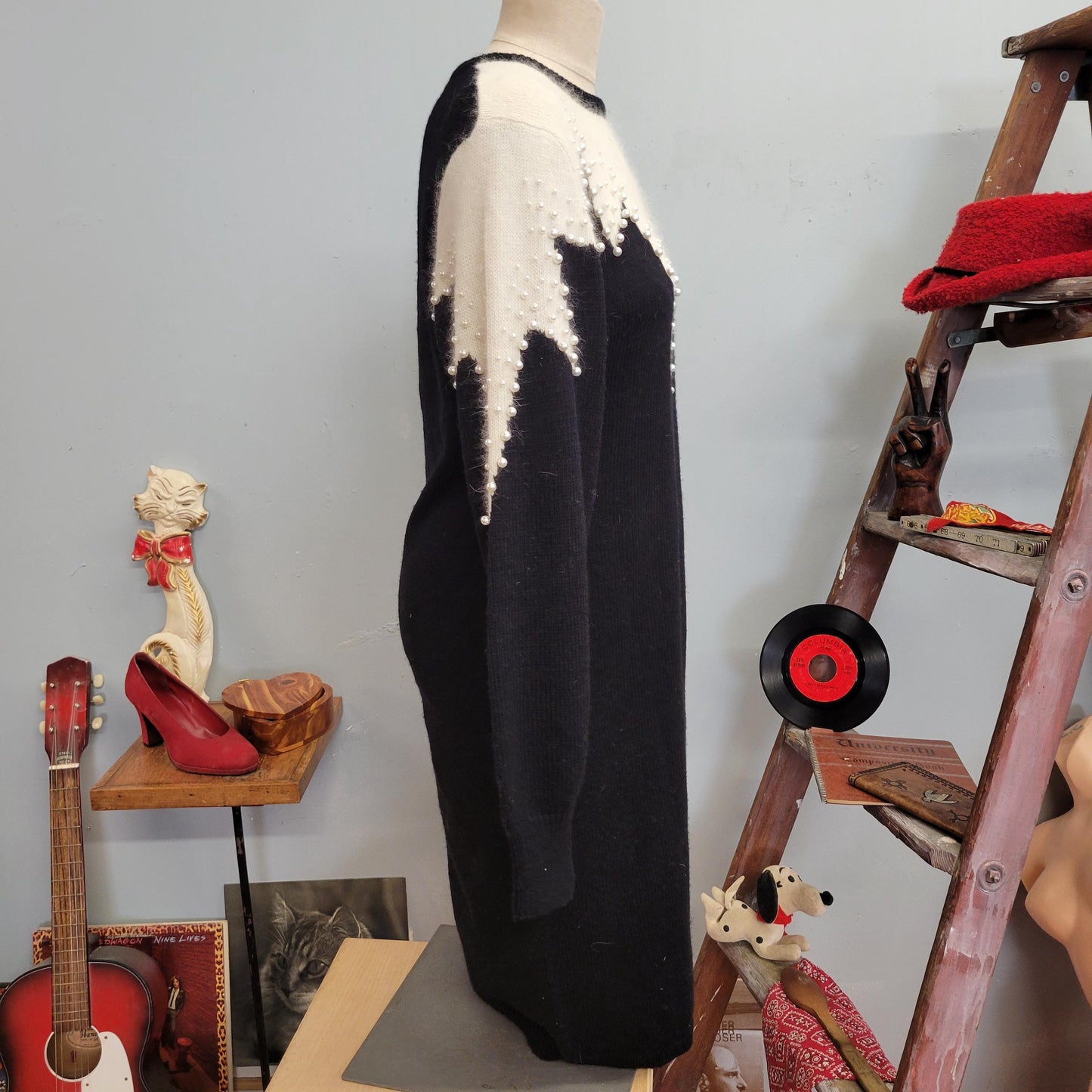 vtg 80s PEARL SWEATER DRESS / vintage christina grant large black & white angora art deco fuzzy shaggy long sweater cocktail statement dress