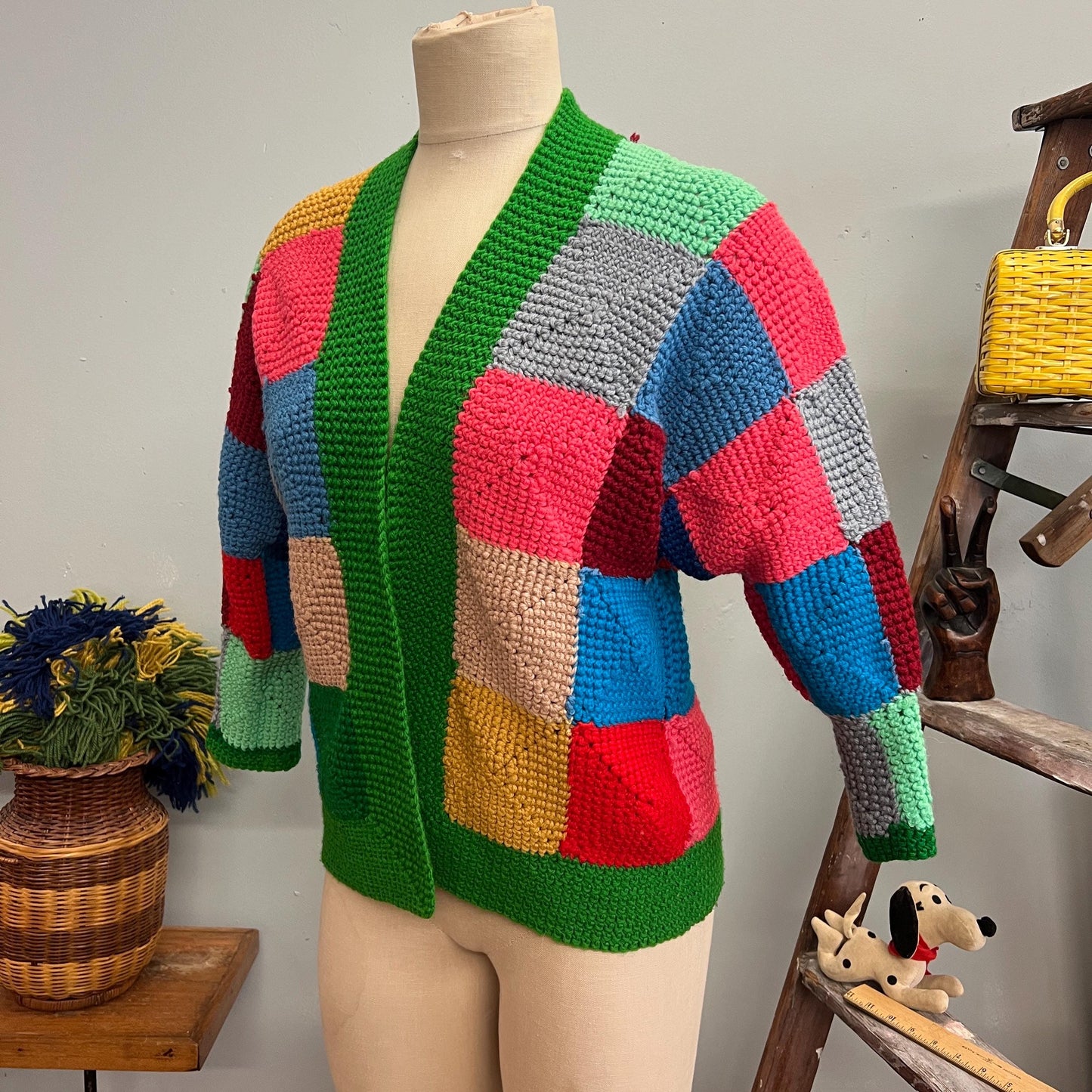 vtg 70s PATCHWORK RAINBOW CARDIGAN // vintage knit geometric pastel granny squares afghan sweater mod hippie retro autumn winter fashion top