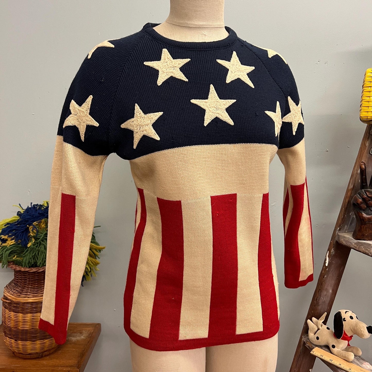 vtg 70s AMERICAN FLAG SWEATER // vintage lido of California small retro vote americana folk pop art bicentennial american woman stars stripe