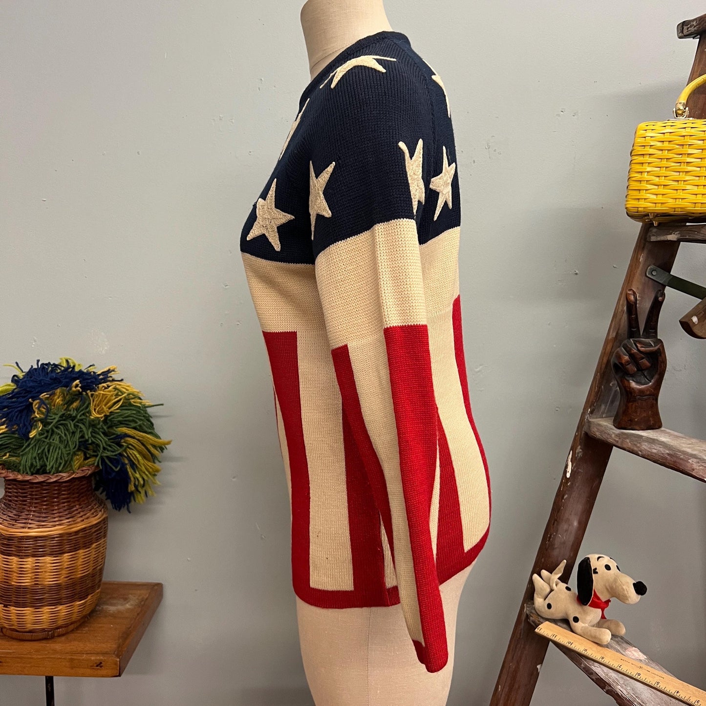 vtg 70s AMERICAN FLAG SWEATER // vintage lido of California small retro vote americana folk pop art bicentennial american woman stars stripe