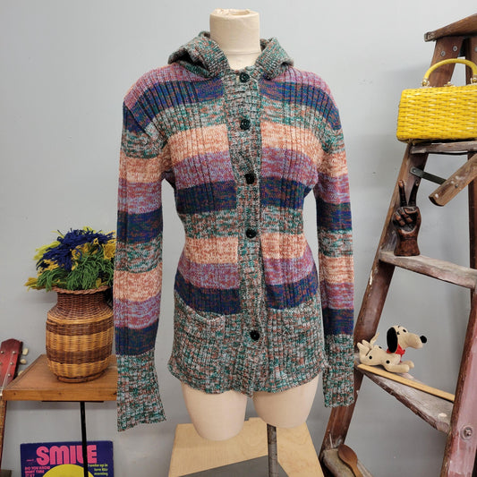 vtg 70s HOODED SPACE DYE Cardigan // vintage hand loomed medium multicolor striped speckled button up long sweater jacket hippie boho autumn