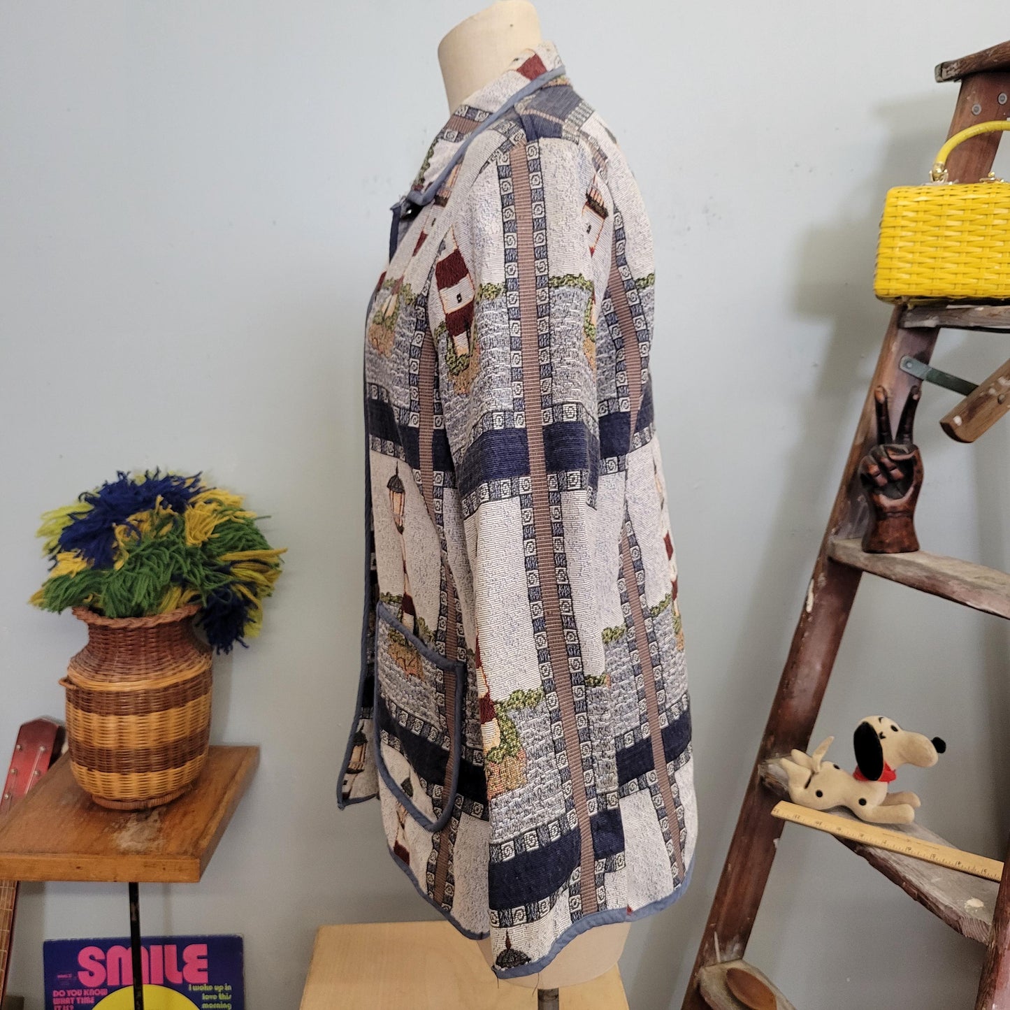vtg 80s LIGHTHOUSE TAPESTRY JACKET // vintage blair large womens blanket all over print nautical ocean beach coastal autumn style fashion