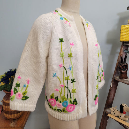 vtg 60s EMBROIDERED FLOWER CARDIGAN // vintage hand loomed bright pastel garden 3d knit preppy pleasantville retro fairy autumn cottage core
