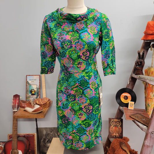 vtg 60s PSYCHEDELIC COWL NECK dress // vintage colonial miss size 14 medium womens brand new original tags deadstock retro mod autumn style