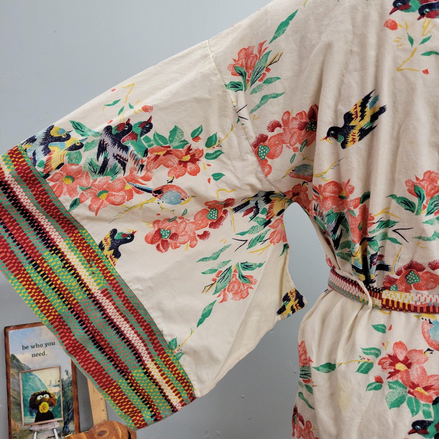 vtg 70s FLORAL WRAP DRESS // vintage Gilligan & O'Malley medium cotton kimono sleeve floral striped wrap around robe dress bohemian retro