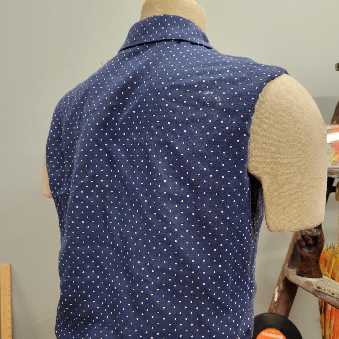 vtg 70s POLKA DOT BLOUSE / vintage sleeveless top david crystal fashion size 14 large women’s semi sheer tie waist belted retro autumn style