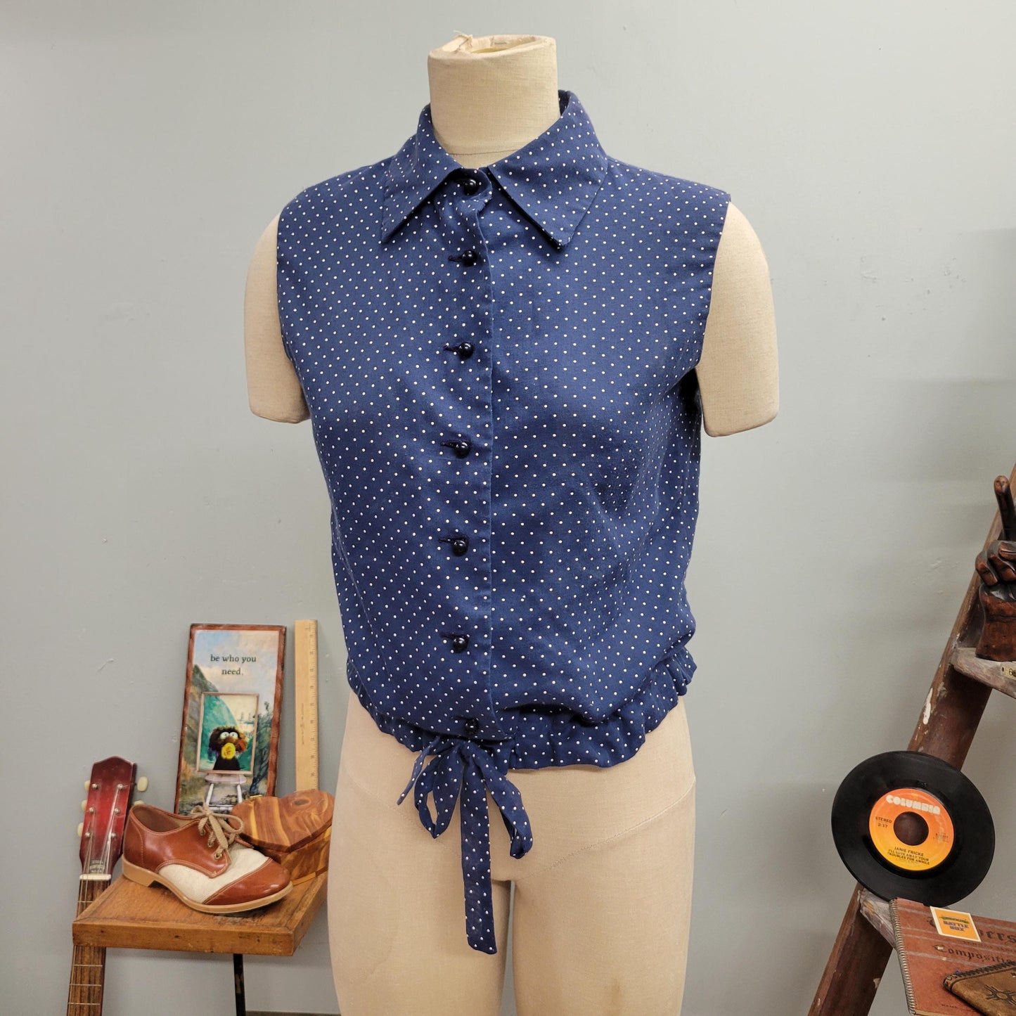 vtg 70s POLKA DOT BLOUSE / vintage sleeveless top david crystal fashion size 14 large women’s semi sheer tie waist belted retro autumn style